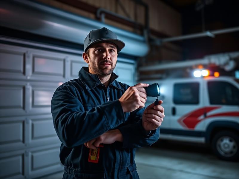 Emergency garage door repair service at night with flashlight illumination