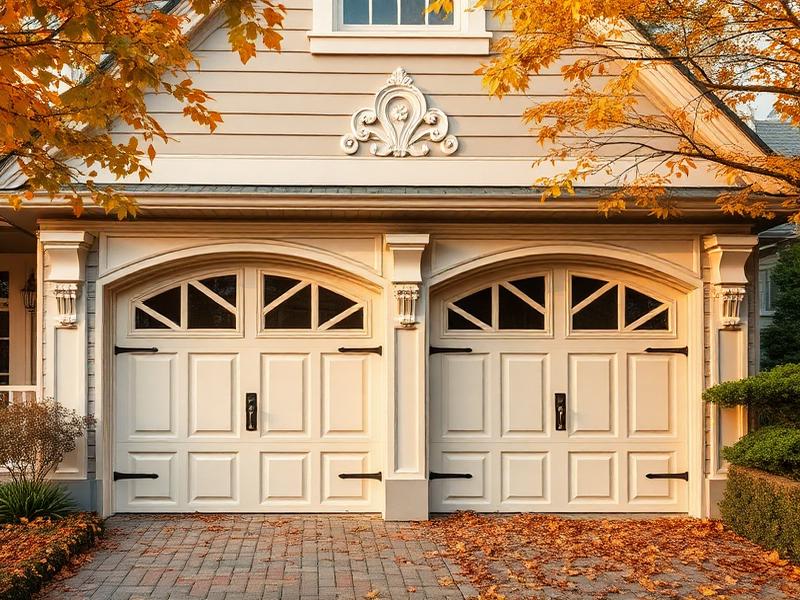 Victorian style garage doors with fall leaves