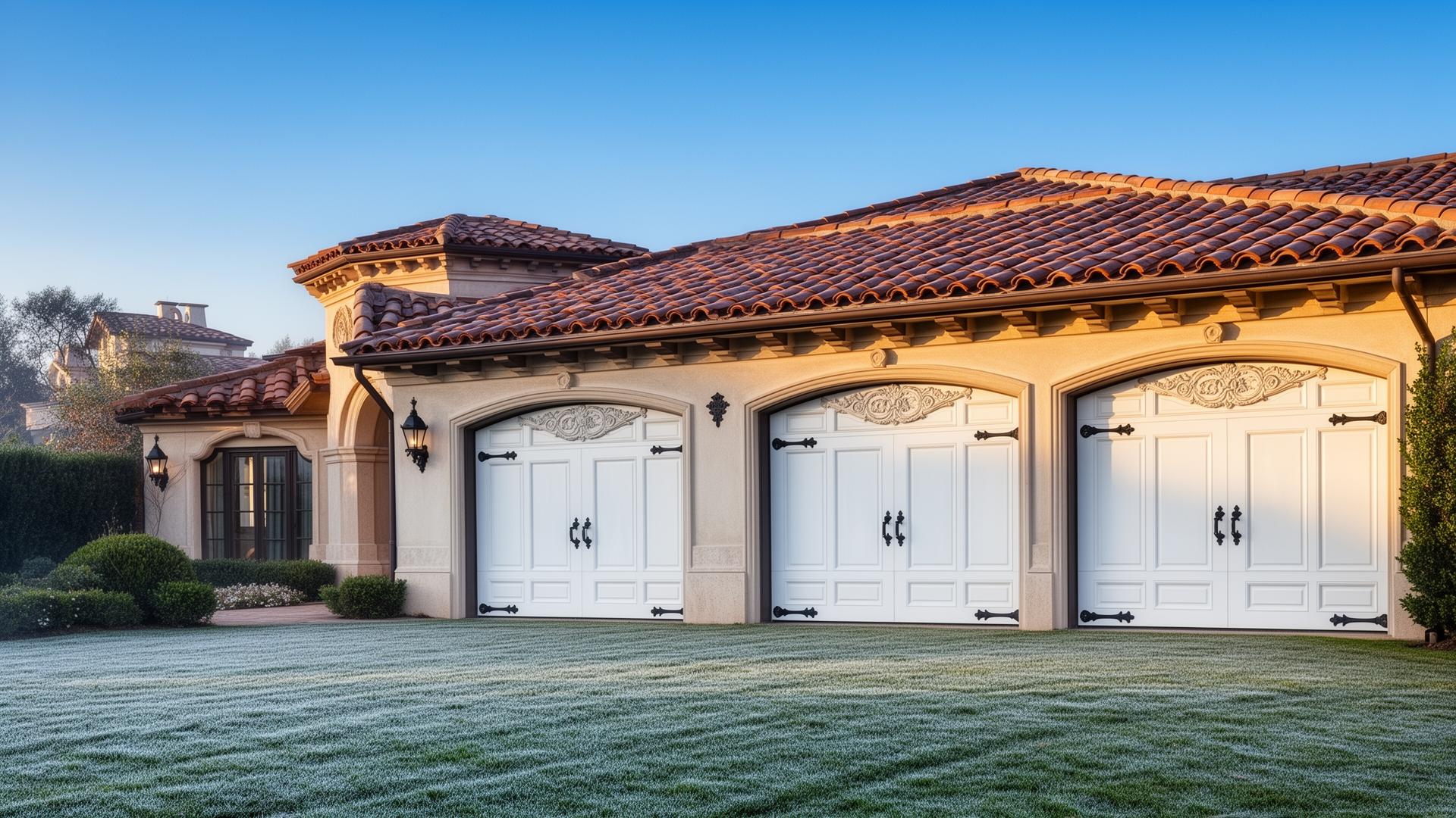 Luxury Mediterranean villa with elegant Victorian style garage doors featuring ornate trim details
