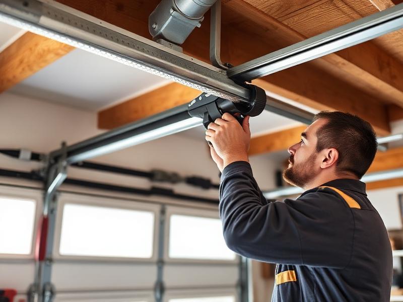 Expert technician repairing garage door mechanism with professional tools