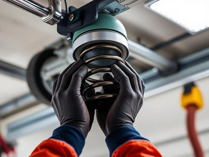 Professional technician replacing garage door torsion spring